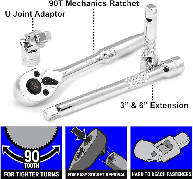Stark USA 47-Pieces 1/4-Inch and 3/8-Inch Drive Socket Set with 90 Tooth Reversible Ratchet