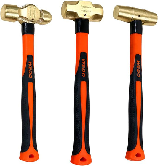 WEDO 3PCS Hammer Set,4lb Sledge Hammer,2lb Ball Pein Hammer,2lb Drum Type Hammer,Brass,Fiberglass Handle,Die-Forge,Corrosion Resistant