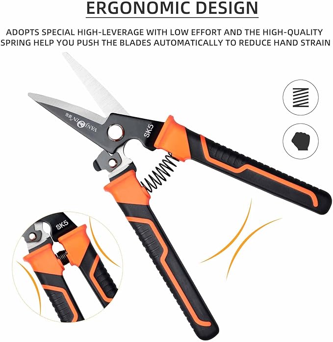 Heavy Duty Scissors, 9 Inch Multipurpose Carpet Cutting Scissors with Finely Serrated, Steel Shears Spring Loaded Snips for industry home for Copper Wire, Cardboard, Fabric, Tree Branches