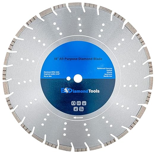 18" All Purpose Diamond Saw Blades for Hard/Reinforced Concrete, Asphalt, Granite, Terrazzo, Ductile Iron Piping, 6-5/8" Cutting Depth, 1" Arbor