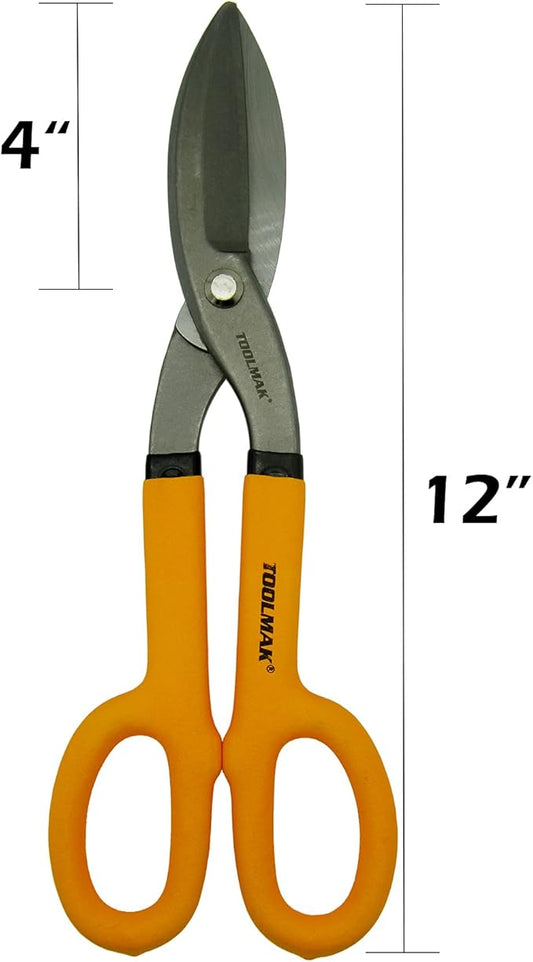 Tin Snips 12 Inch Straight Pattern Tinners Snips with Comfort Grip Sheet Metal Cutting Shears Heavy Duty