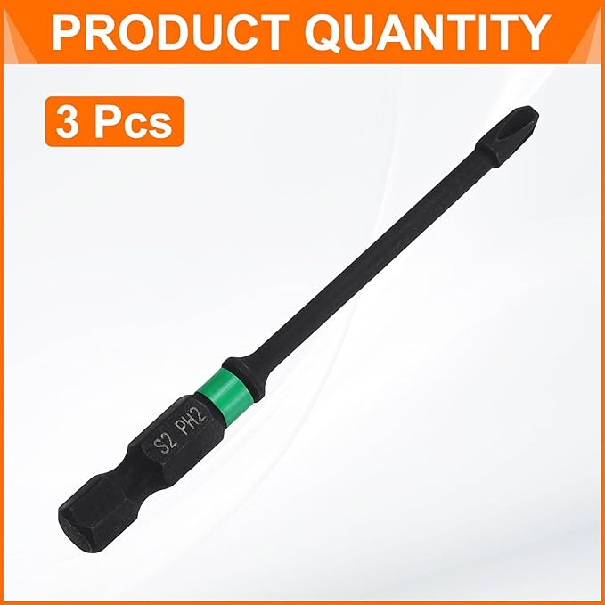 HARFINGTON 3pcs #2 Impact Phillips Screwdriver Bit PH2 1/4" Hex Shank 3" (75mm) Long 0.12" Rod Magnetic Cross Head Drill Bits S2 Steel Industrial Screw Driver for Impact Power Drivers