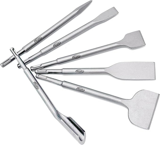 6 pcs SDS Plus Chisel Set, Masonry Concrete Drill Bit Set, Tile Removal Chisel Bits for Rotary Hammer with Point Flat Wide Inclined Grooving Scraping Scaling Removing Tile Thinset