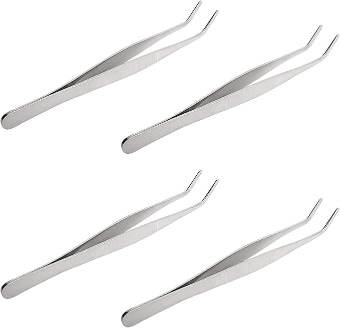 Aoje-Link Stainless Steel Tweezers with Curved Serrated Tip, Multi-Purpose, Silver, 4pcs