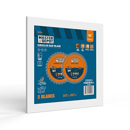 10 Inch Table Saw Blade/Miter Saw Blade, 32T for Framing & 60T for Fine Finish, Carbide-Tipped ATB, Thin Kerf, 5/8" Arbor (2-Pack)