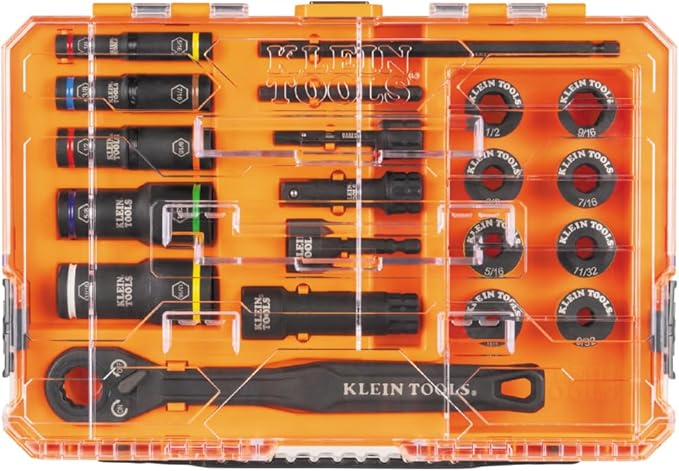 Klein Tools 65240 KNECT Impact Deep-Well Flip Socket and Low-Profile Pass Through Socket Set, SAE, 20-Piece, MODbox Case, 1/4-Inch and 3/8-Inch Drive