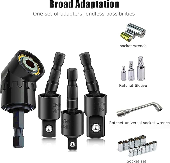 105 Degree Right Angle Drill Adapter Set, 1/4-1/2 Inch Socket Adapters, 4-in-1 Impact Grade Extension Kit with 360째 Rotation for Household Workplace Industry