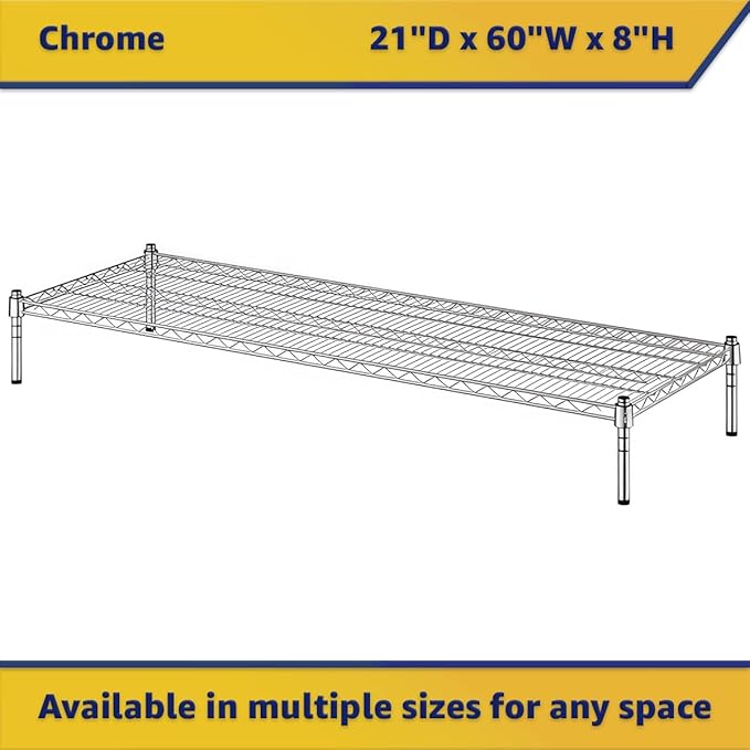 21" x 60" x 8" Chrome Wire Storage Shelf, Dunnage Rack, Commercial 1 Tier Small Shelf