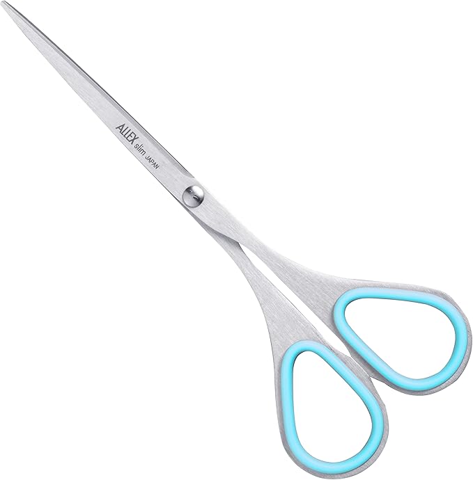 ALLEX Small Skinny Scissors for Office 5.5", All Purpose Slim & Thin Low Profile Scissors, Made in JAPAN, All Metal Sharp Japanese Stainless Steel Blade with Non-Slip Soft Ring, Blue