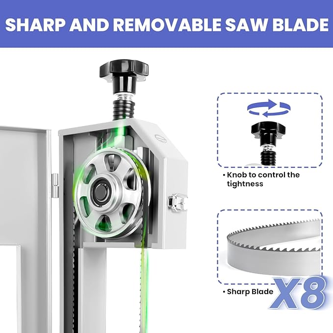 Commercial Electric Meat Bandsaw, 1500W Bone Meat Cutter Machine, Stainless Steel Workbench 19" x 14", 0.04-7.8 In Cutting Thickness, Frozen Meat Cutter with 8 Blades for Rib Pork Beef