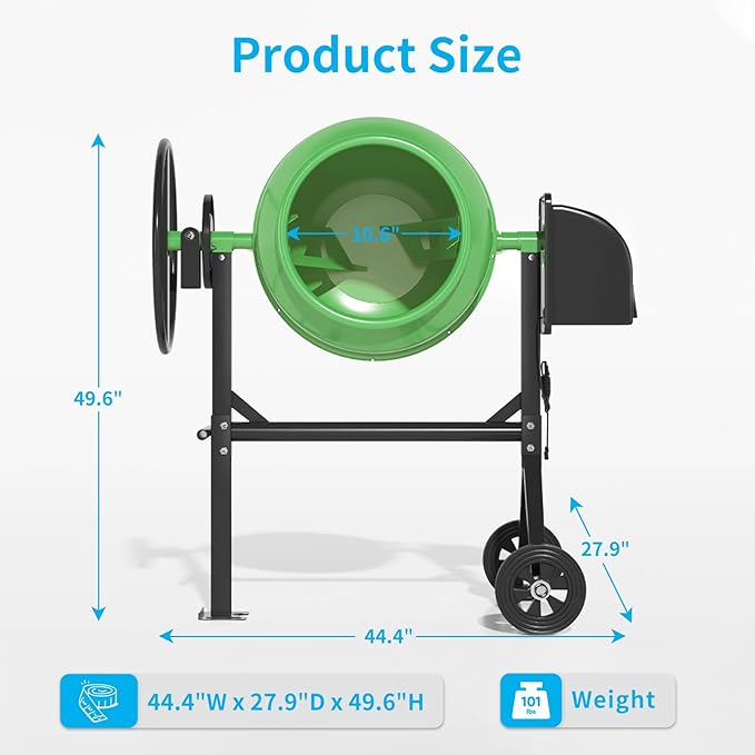 5.5 Cu.Ft. Concrete Mixer, Heavy Duty Portable Concrete Mixer with Wheel & Stand, Electric Cement Mixer Machine with 140L Drum, 120V Motor for Concrete, Mortar,Seeds, and Feed,Green.