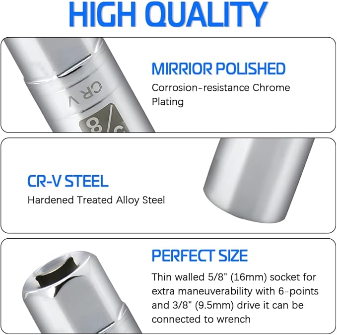 5/8-inch Magnetic Spark Plug Socket 3/8-inch Drive 6-Point Powerful Magnet Retains Spark Plugs Chrome Vanadium Steel