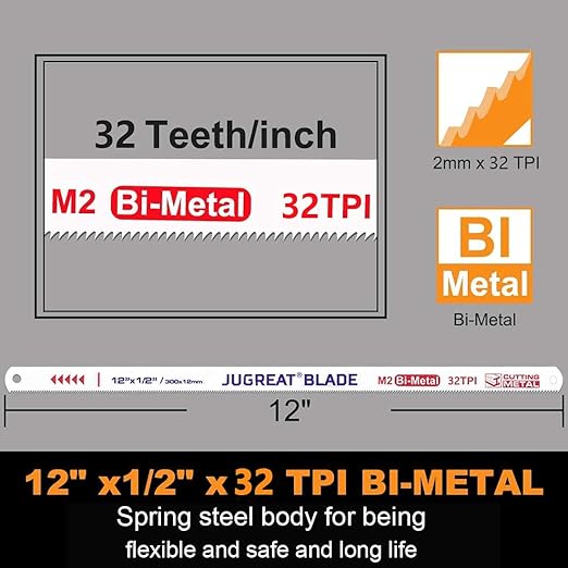 JUGREAT 12" Hacksaw Blades Replacement Bi-Metal,Bi-Metal Safe Flex Metal,High Speed Steel -32TPI (10 Pack)
