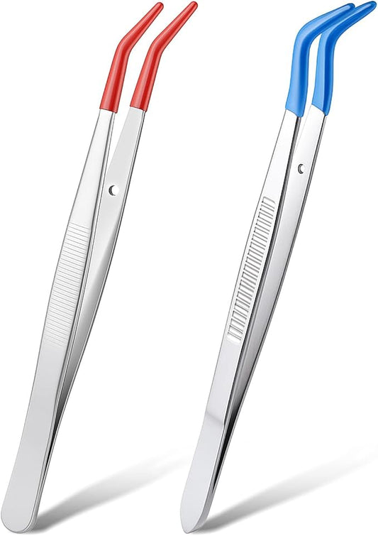 2 Pcs Long Tweezers for Crafts, Rubber Tipped Tweezers Portable Stainless Steel Jewelry Tweezer Long Curve Sewing Tweezer for Making DIY Crafts Stamps Electronic Products, Blue & Red