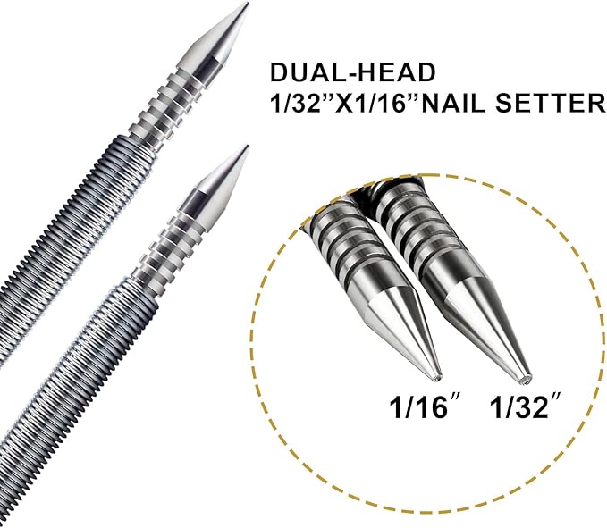 Dual Head Nail Setter Spring Loaded Nail Set Spring Nail Punch Hammerless Tool Kit 1/32?? 1/16??Tools 3500 PSI Striking Force Counter Punch - 2 PCS