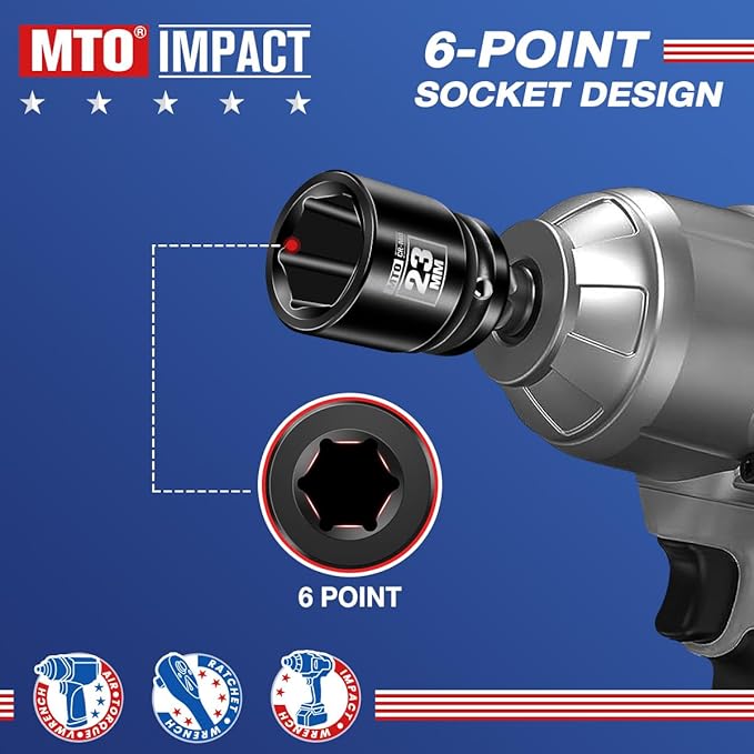 MTO 1/2" Drive 23mm Shallow Impact Socket, 6-Point Metric Socket, CR-MO Steel & Anti-Corrosion Coating for Tight Spaces and Heavy-Duty Tasks