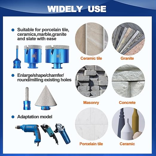 Diamond Core Drill Bit Set - BRSCHNITT Tile Hole Saw Kit 1/4" 3/8" 4/5" 1-3/8"2" 2-1/2" & 3/8" Finger Bit & 2" Chamfer Bit for Porcelain Tile Ceramic Marble Granite Diamond Blade