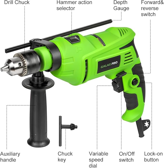 GALAX PRO 7Amp 850W 2-in-1 Hammer Drill, 0-3000 RPM, 13 mm Metal Chuck, 360째 Adjustable Auxiliary Handle, Comes with 13 Accessories, Suitable for Concrete, Metal, and Wood