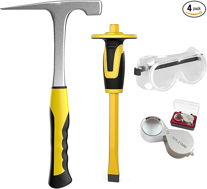 4pcs Geology Rock Pick Hammer Kit, Geology Hammer Tools, 32oz Rock Hammer & Chisels with jewelers loupe,goggles. Tool Set for Rock Hounding, Hounding,Gold Mining & Prospecting, Stone Breaking