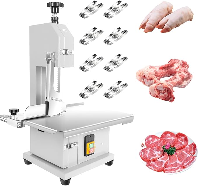 1000W Electric Bone Saw Machine, 18x14" Stainless Steel Worktable, Cuts 0.04-3.9" Thickness, Frozen Meat Cutter with 8 Blades Included, Commercial Bandsaw Machine for Rib Pork Beef