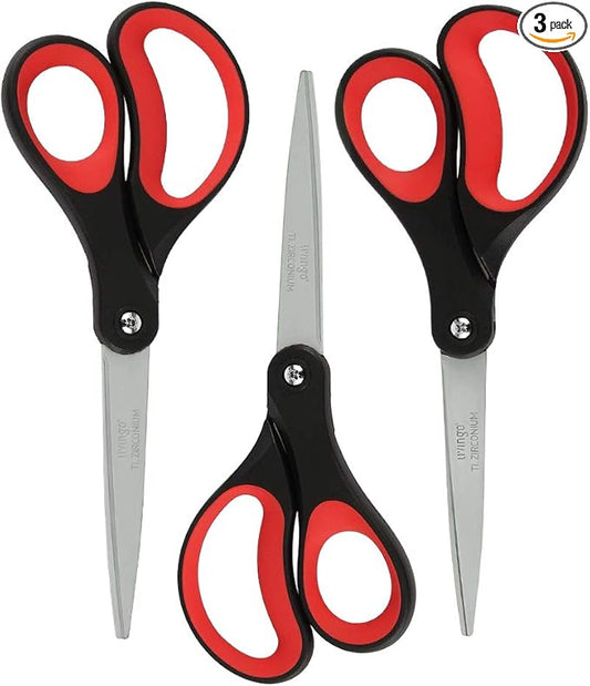 LIVINGO 8“ Scissors All Purpose 3-Pack, Titanium Ultra Sharp for Office Home School Sewing Fabric Craft Supplies, Premium Stainless Steel, Comfort Grip（Red/Black）