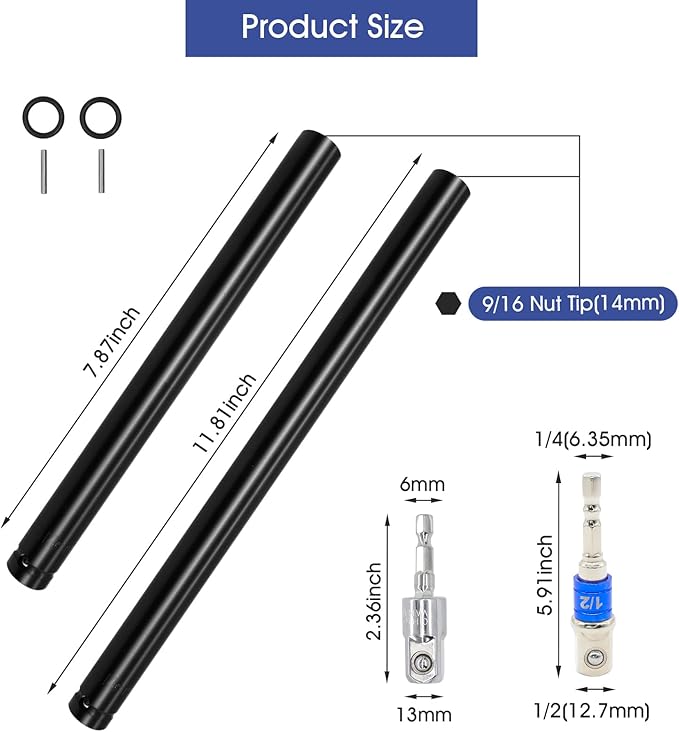 2 Pcs 9/16"(14mm) Power Nut Driver 8'' and 12'' Length, Nut Runner Hollow Socket with 1/4" Hex Shank and 360째 Rotatable 1/4" Hex Shank, Fit Long Bolts and Ductwork