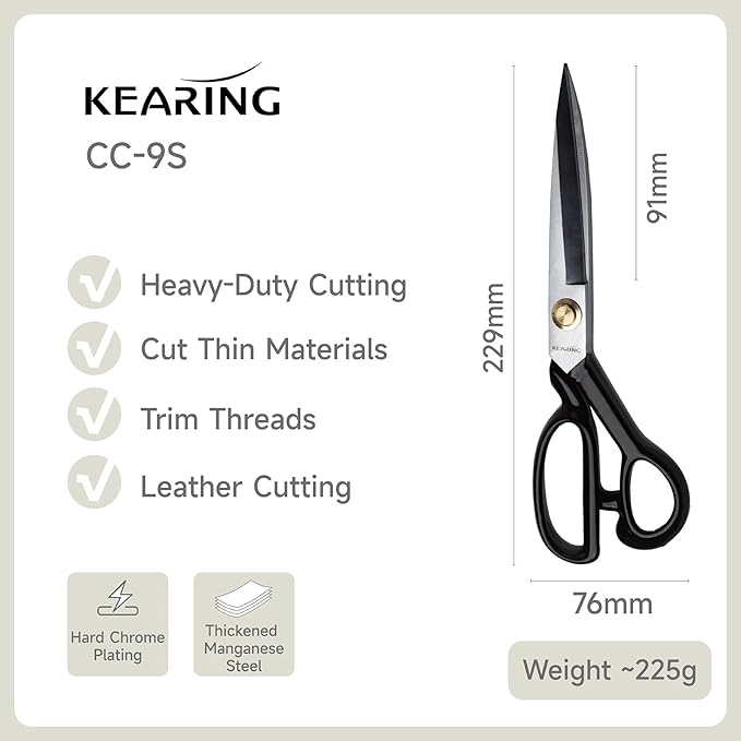 KEARING 9 Inch Heavy Duty Fabric Scissors, Professional Tailor Shears for Precision Cutting of Leather, Denim, and Multi-Layer Fabrics for Dressmaking, Sewing, Quilting - 0.47 lb - Right-Handed