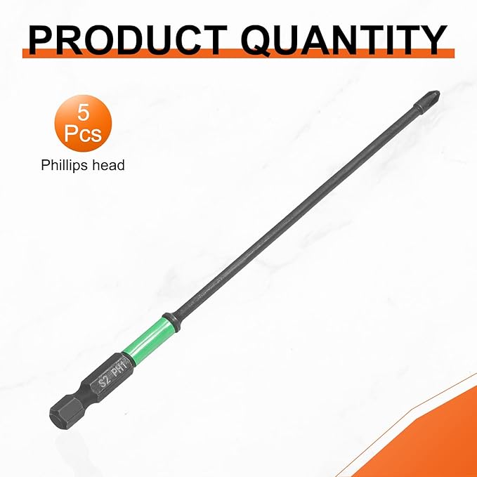 HARFINGTON 5pcs #1 Impact Phillips Screwdriver Bit PH1 1/4" Hex Shank 6" (150mm) Length 0.12" Rod Magnetic Cross Head Drill Bits S2 Steel Industrial Screw Drivers for Impact Power Tools