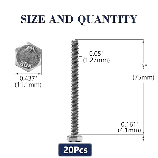 1/4-20 x 3 Hex Head Screw Bolt, 20Pcs 18-8 (304) Stainless Steel, Fully Threaded, Plain Finish, by SG TZH