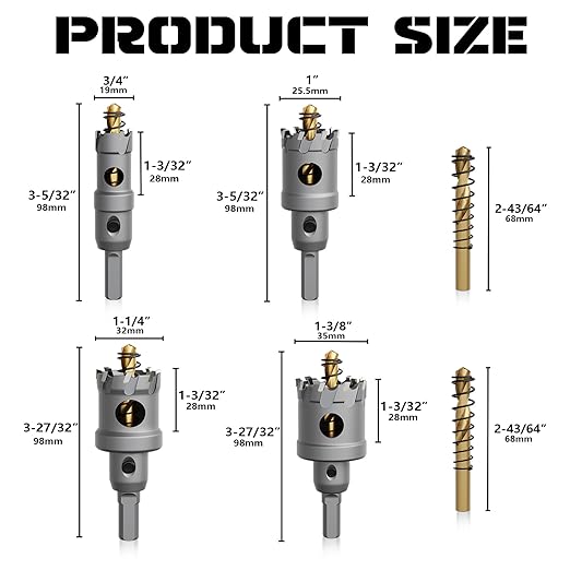 Hole Saw 6 PCS, Hole Saw for Metal, TCT Hole Cutter, 4 Drill Saws with 2* Extra Pilot Center Bits, 2* Springs for Metal, Iron and Stainless Steel