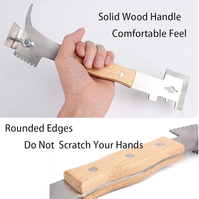 AukBeeFun Multipurpose Steel Hive Tools with Wooden Handle and 7 Functions Beekeeping Hive Scraper Tool Professional Beekeeping Equipment
