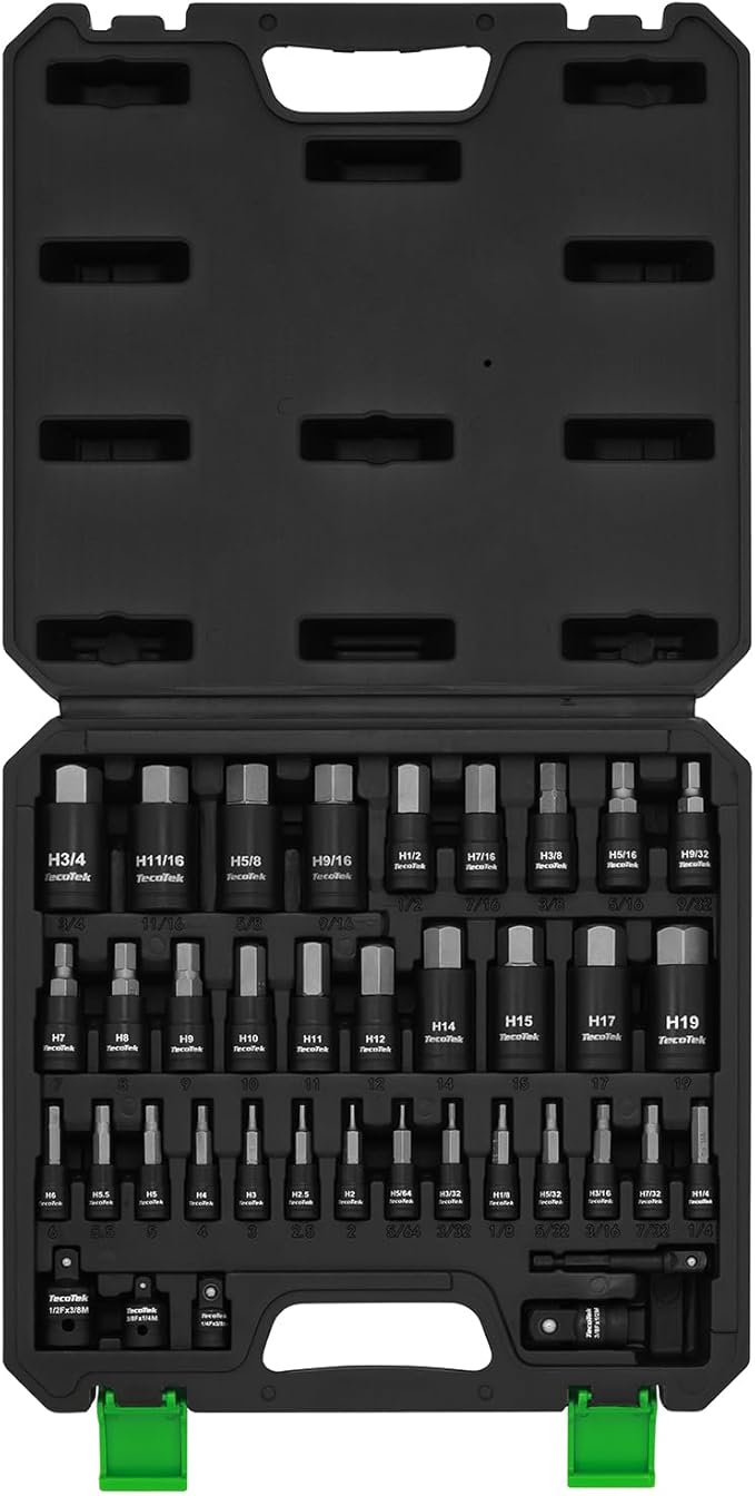 38PCS Hex Bit Socket Set, 1/4", 3/8" and 1/2" Drive, SAE and Metric Allen Socket Bit, S2 and Cr-V Steel, S2 Steel, 5/64" - 3/4", 2mm - 19mm, Includes 5PCS Socket Adapters