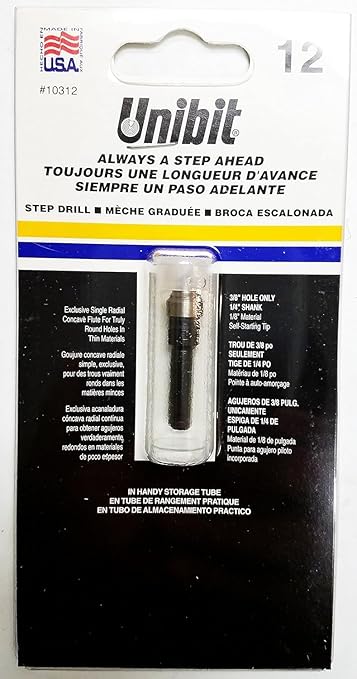 Irwin Tools - 10312ZR Unibit #12 3/8-Inch Step-Drill Bit, 1/4-Inch Shank (10312) Black