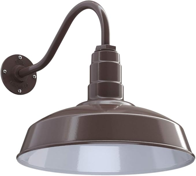 Steel Lighting Co. | Dusk to Dawn | Gardena Barn Light | Outdoor Wall Mounted | 16" Dome | 16" Gooseneck | Farmhouse Light Made in America | Dark Bronze Exterior/White Interior