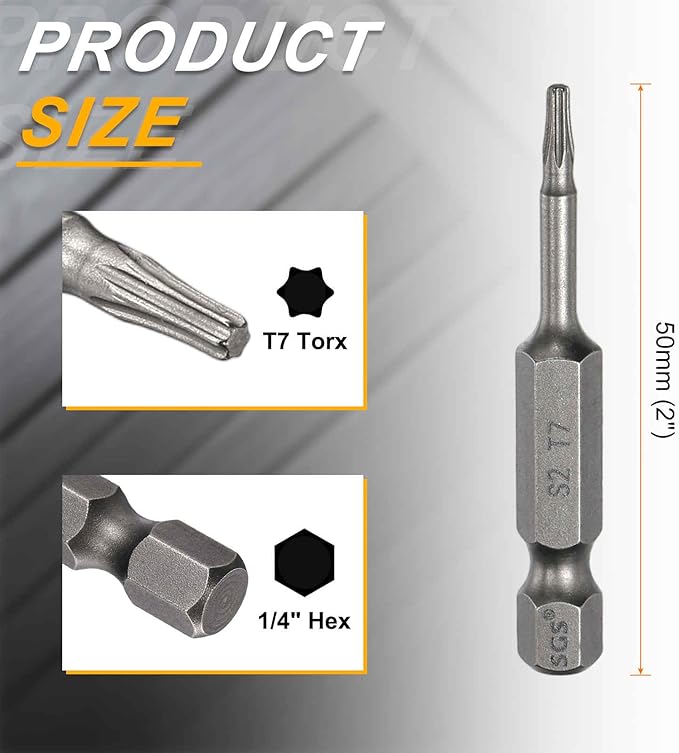 HARFINGTON 2pcs T7 Torx Head Screwdriver Bit 1/4" Hex Shank 2" (50mm) Long Magnetic No Hole Tip Tamper Proof 6 Point Star Screw Driver Drill Bits S2 Steel Industrial Power Screwdrivers