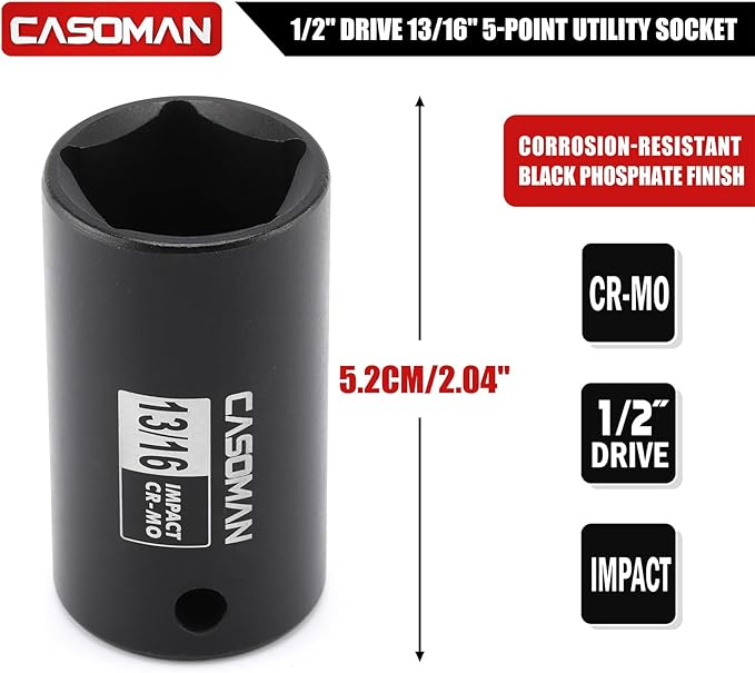 CASOMAN 1/2" Drive 13/16-inch Penta Socket, 5 Point Utility Socket, CR-MO, Removes and Installs Penta Nuts and Bolts for Utility Service