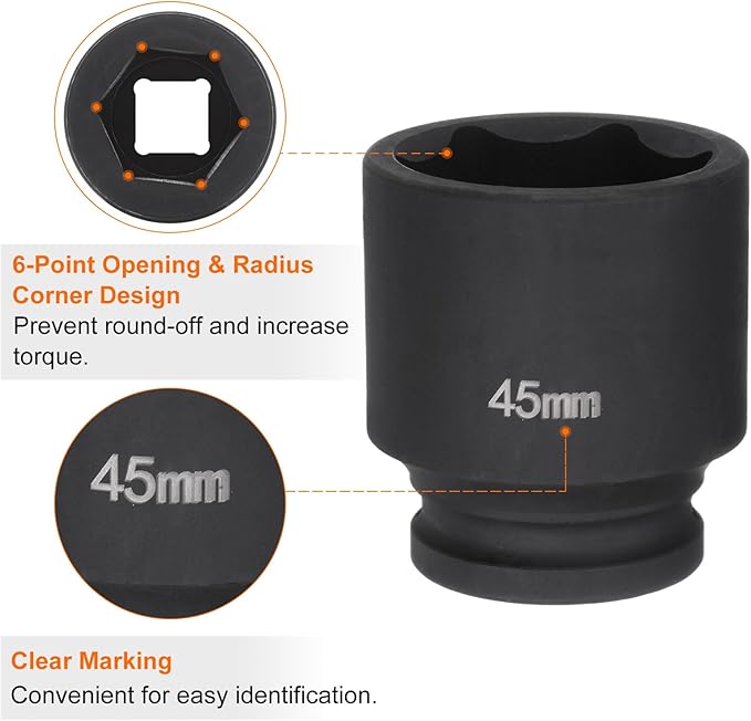 HARFINGTON 6-Point Impact Socket 3/4" Drive 45mm Metric 40Cr Alloy Steel Spindle Axle Nut Impact Socket