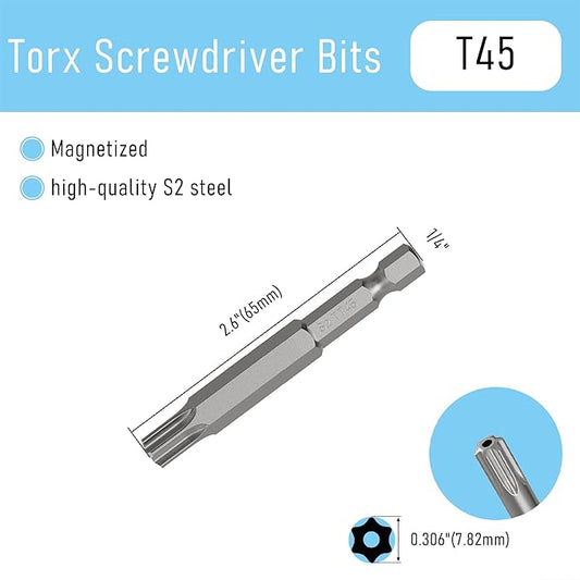 5PCS T45 Magnetic Tamper Proof Torx Screwdriver Bits, 1/4 Inch Hex Shank 2.6 Inch Length S2 Steel Security Drill Torx Head Drill Screw Driver Tools(65mm Long, Star 6 Point)