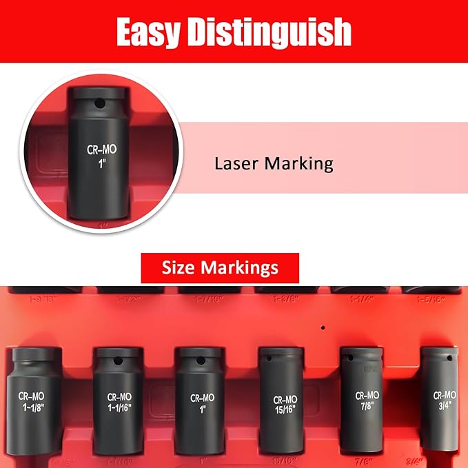 3/4 Inch Drive Deep Impact Socket Set,6-Point,SAE (3/4"-1-9/16"),12 Pcs,Cr-Mo,Heavy Duty Impact Socket Set for Automotive & Industrial Machinery,With a Storage Case