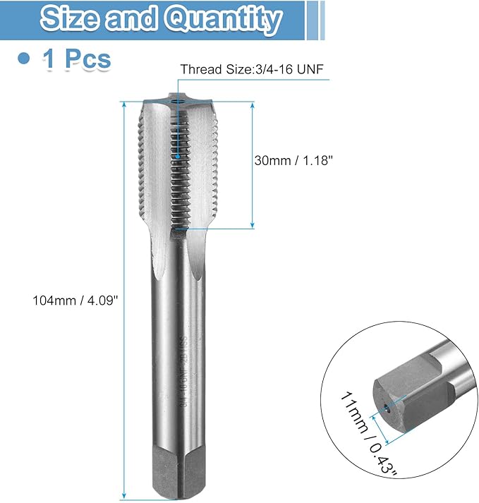 uxcell Hand Bottom Tap 3/4-16 UNF 2B Thread Bottoming Style Threading Taps High Speed Steel HSS6542 Straight Flutes Screw Tapping Tool
