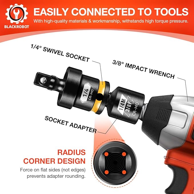 BLACKROBOT 1/4" Drive Impact Universal Joint Set, CR-MO Swivel Socket Adapter for Bicycle Repair & Home DIY, Flexibly Reach Tight-Angle Fasteners