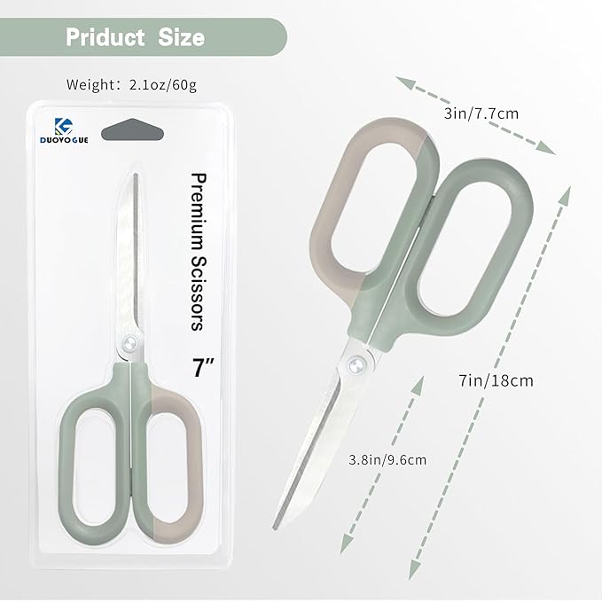 Green Office Scissors with Comfort-Grip Handles, Cute scissors, Sharp Craft Scissors for DIY Art, Sewing, Fabric, Student, Teacher, and Home Use(7", Green-2Pack)