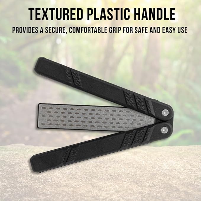 Max Edge Black Sharpener | 5 3/8" Compact Folded Size | Diamond-Coated Sharpening Surface | Textured Handle for Grip | Dual-Grit 400/1000 Stone | 9 1/8" Overall Length When Open