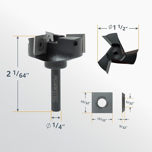 POWERTEC Slab Flattening Router Bit, 1/4" Shank, 1-1/2" Diameter, 1/2" Cutting Depth, 3-Wing Carbide Insert Woodworking Surfacing Bit for CNC Machine, Wood Milling & Live Edge Wood Planing (73053)
