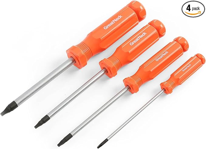 GreatNeck 73731 4-PC Square Screwdriver Set, Chrome Vanadium Steel Screw Driver Set, Magnetized Tip Screwdrivers, Acetate Handle Screw Drivers, Precision-Machined Screwdriver Kit