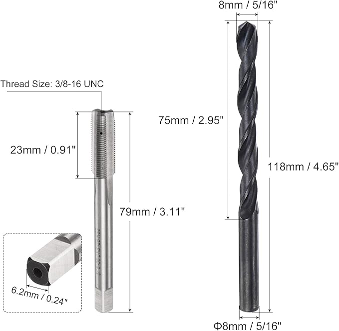 uxcell Tap and Drill Bit Set, 3/8-16 UNC Thread Tap & 5/16" Black Oxide Twist Drill Bit, Straight Flute Tap Tapping Threading Repair Tool Kit