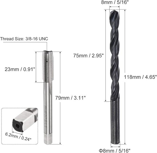 uxcell Tap and Drill Bit Set, 3/8-16 UNC Thread Tap & 5/16" Black Oxide Twist Drill Bit, Straight Flute Tap Tapping Threading Repair Tool Kit