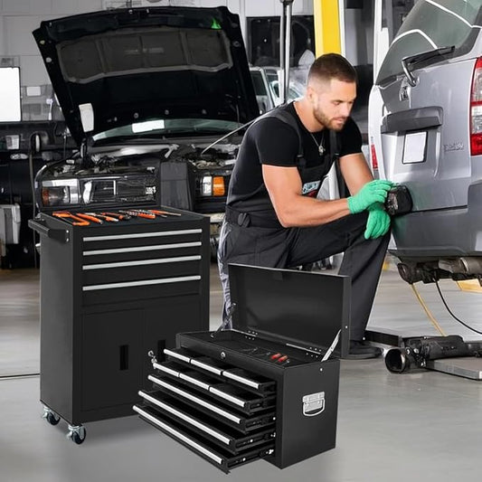13-Drawer Rolling Tool Chest with Double Doors, 2 in 1 Detachable Rolling Tool Chest with Drawers, Mobile Tool Cabinet Combo, Metal Large Lockable Tool Box for Garage Workshop (Black)