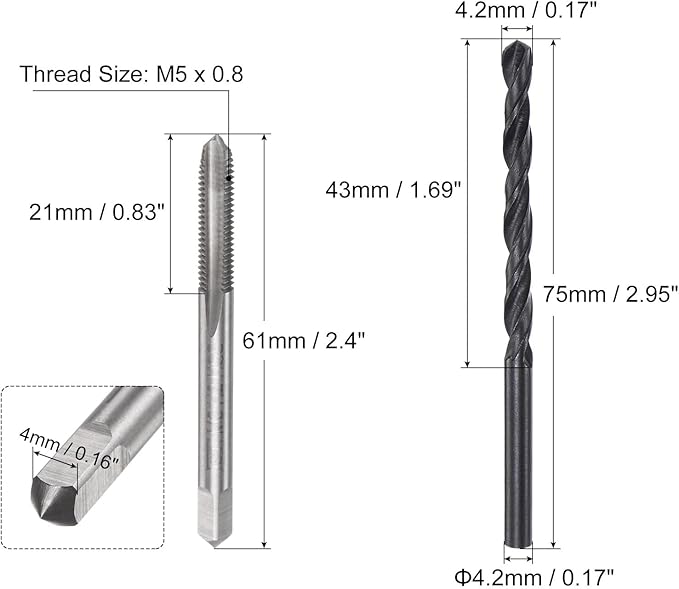 uxcell Metric Tap and Drill Bit Set, M5 x 0.8 Thread Tap & 4.2mm Black Oxide Twist Drill Bit, Straight Flute Tap Tapping Threading Repair Tool Kit