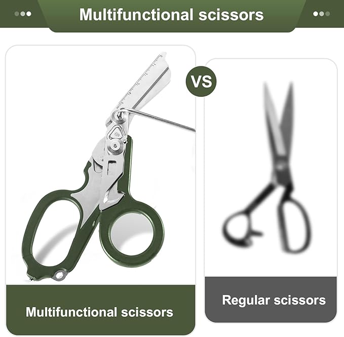6in1 Multi function Trauma Shears for Nurse EMT(With Holster+Torx Wrench), Stainless Steel Sharp Scissor With Seatbelt/Cord Cutter, Tungsten Window Smasher, Oxygen Tank Wrench And Ring Cutter（Green）